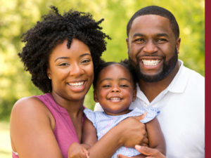 Black family smiling, mom dad and daughter